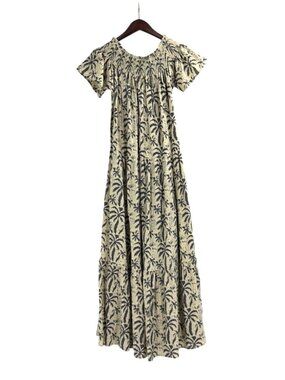 Guadalupe Womens Small Smocked Maxi Dress Tiered Palm Tree Boho Flutter Sleeves